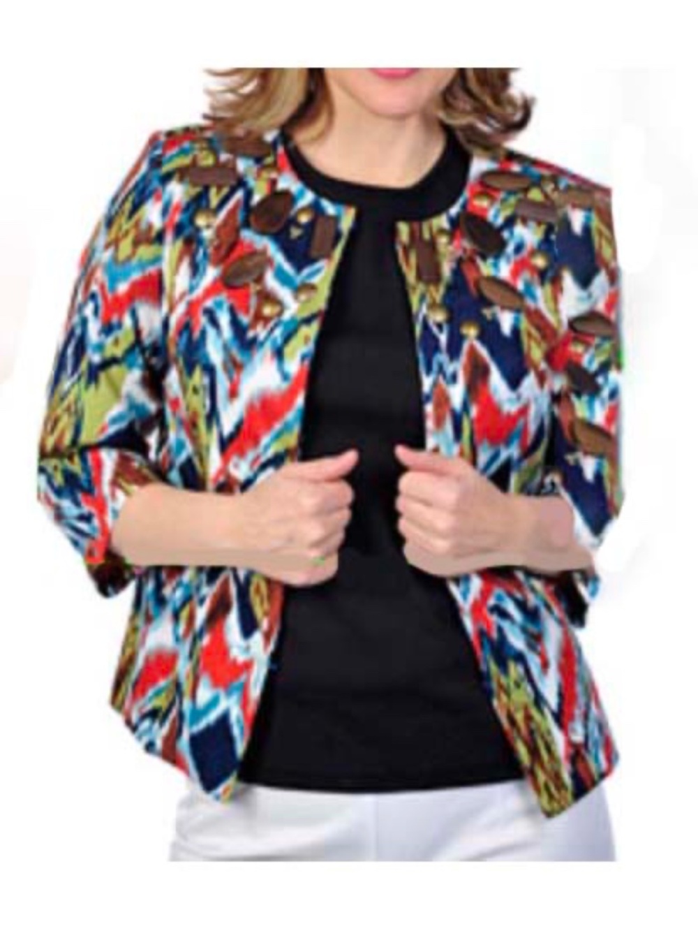 JACKET, MULTICOLOUR (Red, Navy, Yellow, etc.), SIZE 28W, WOOD & METAL EMBELLISH